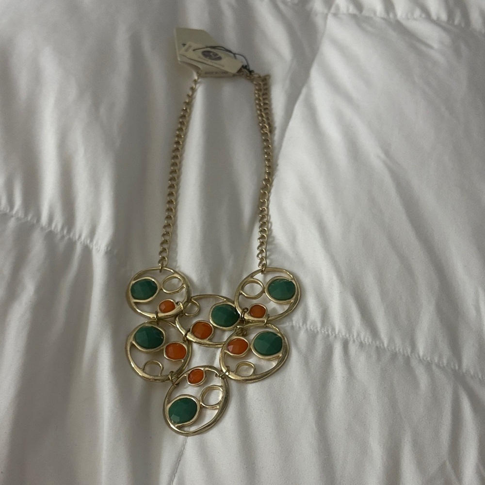 Chic Gold Necklace with Green and Orange Details